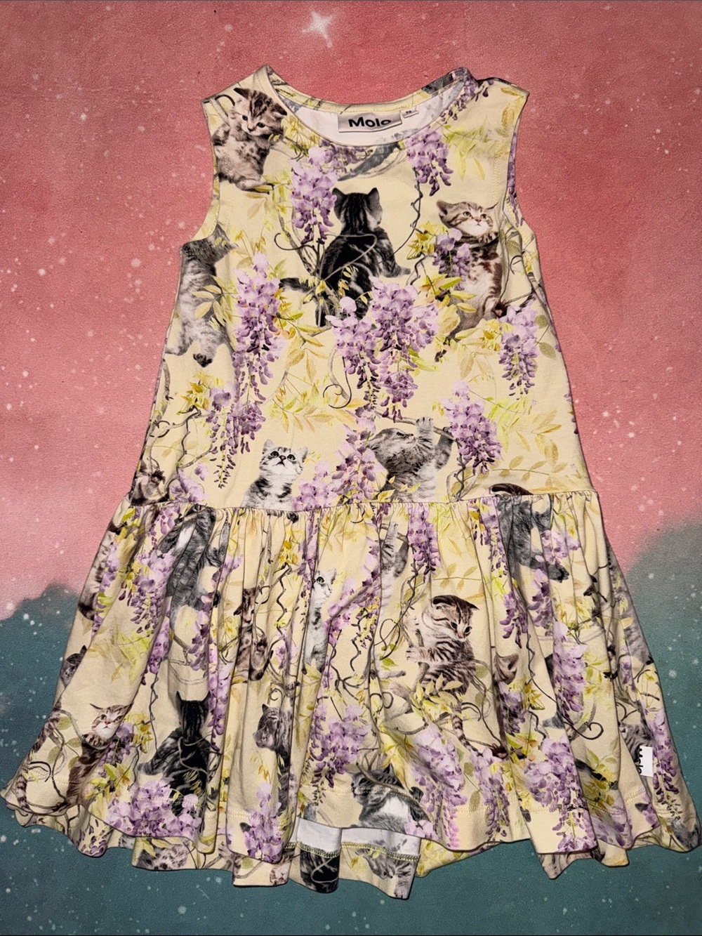 Molo Cream Dress with Purple Floral & Kitten Print girls 3 4 98 104 organic